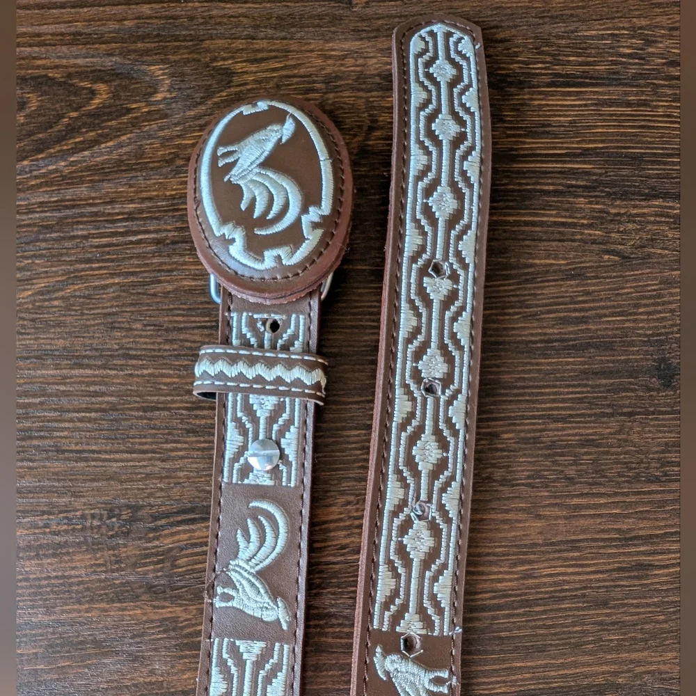 Ivory Embroidered Rooster Brown Leather Mexican Kids Youth Belt